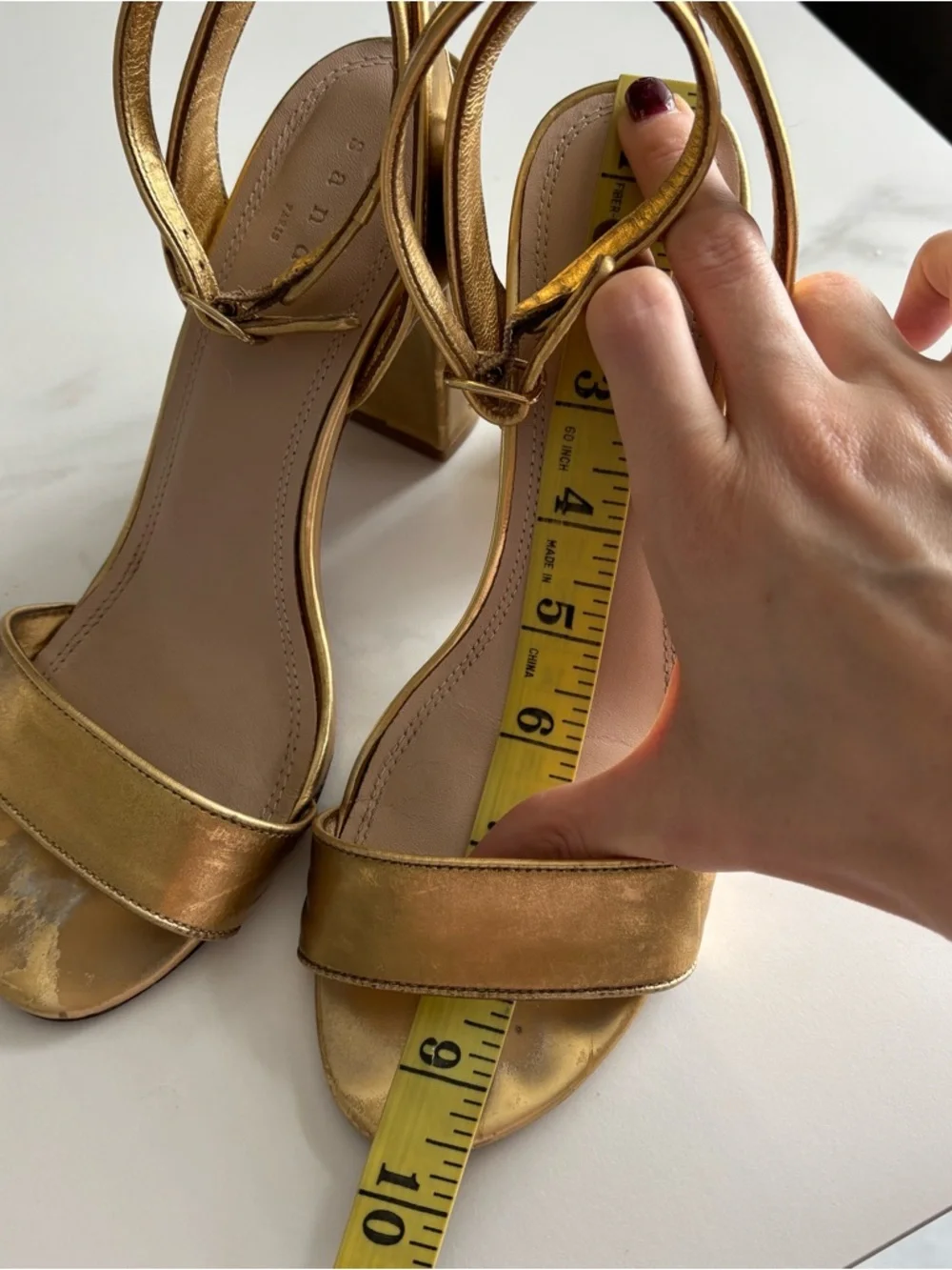 Sandro Metallic Gold Ankle-Strap Block Heel Sandals Sz 37 - Picture 8 of 9